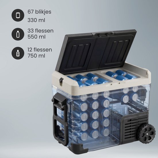 Auronic Electric Cool Box - Compresseur - 2 Zones - 45L - 12/24V et 240V - Réfrigération et congélation - Réfrigérateur de camping - Frigobox Auto - Avec roues et poignée - Noir