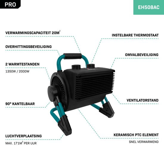 VONROC PRO Chauffage électrique - chauffage soufflant - chauffage d'atelier - 1350W/2000W - céramique - 3 réglages - thermostat - 900 inclinable - 20m2
