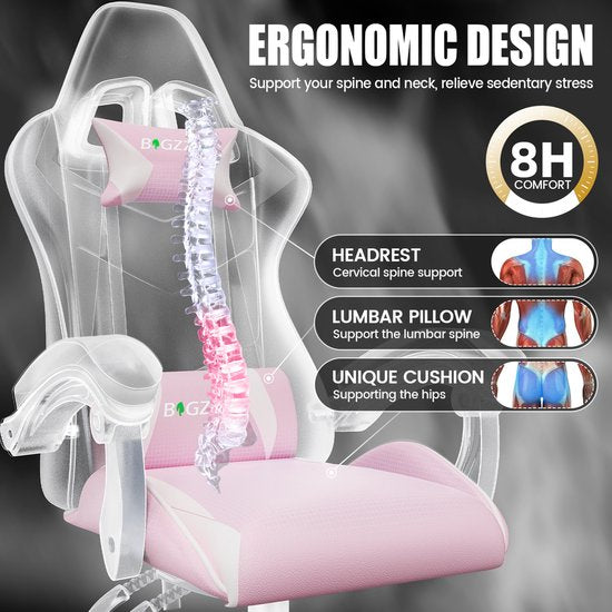 Fauteuil gaming Bigzzia - Fauteuil de bureau ergonomique en cuir PU - Réglable en hauteur - Avec coussin lombaire et appui-tête - Fauteuil gaming confortable pour adultes - Filles et garçons