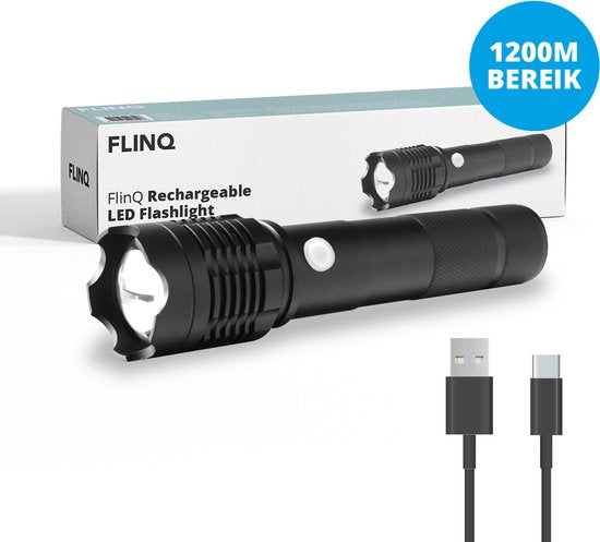 Lampe de poche LED rechargeable FlinQ - Lampe de poche militaire rechargeable - Visibilité jusqu'à 1200 mètres - Design en aluminium résistant aux éclaboussures - Lampes de poche pour kit d'urgence - Noir
