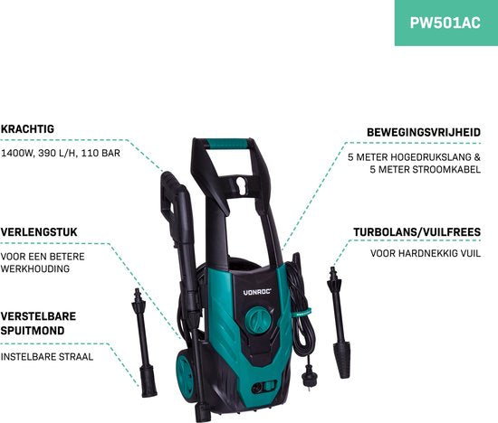 VONROC Nettoyeur haute pression V14-1 - 1400W - 110 bar - 390 l/h - tuyau de 5m, buses et accessoires inclus