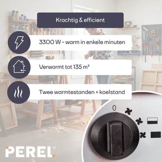 Perel Chauffage électrique à ventilateur 3300W, 2 niveaux de chaleur, thermostat et mode refroidissement, IP24, avec protection contre la surchauffe, chauffage portable compact pour l'atelier, le garage, la salle de loisirs
