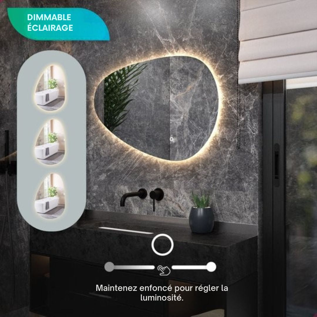 Mirlux Miroir de salle de bain avec éclairage LED - Miroir mural asymétrique - Forme organique - Miroir de douche anti-condensation - Miroir mural 90x60CM