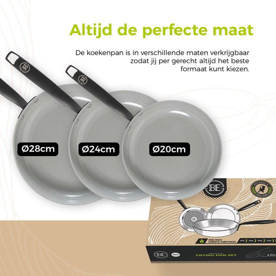 BE Living 3-Piece Frying Pan Set - Ø 20, 24 & 28 cm - Poêle à frire - Céramique - Antiadhésif sans PFAS - Poêle à frire à induction - Blanc - Essential Series