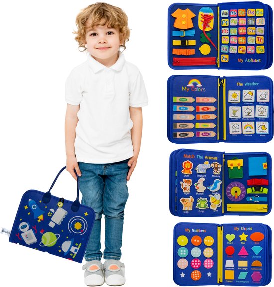 MontiPlay® Montessori Toys - Jouets sensoriels - Tableau d'activités - Tableau d'occupation - Livre d'activités Montessori pour la maison - Educatif - Jouets sensoriels - Bleu