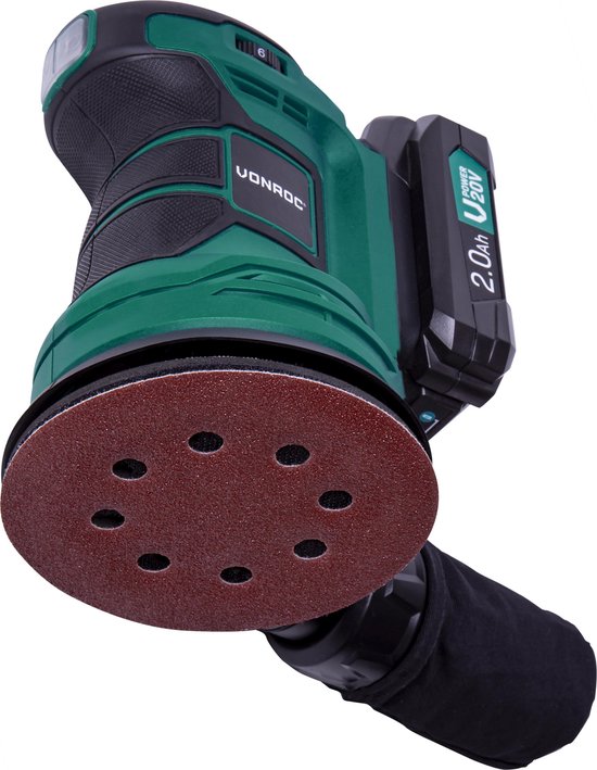 VONROC Ponceuse orbitale aléatoire - VPower 20V - Batterie 2.0Ah et chargeur inclus - Ø125mm - Avec sac à poussière et 12 morceaux de papier de verre