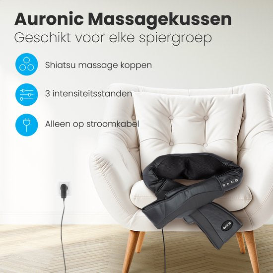 Auronic Shiatsu Massage Cushion - Appareil de massage électrique pour la nuque - Appareils de massage - Nuque et épaules - Infrarouge - Housse de transport incluse - Noir