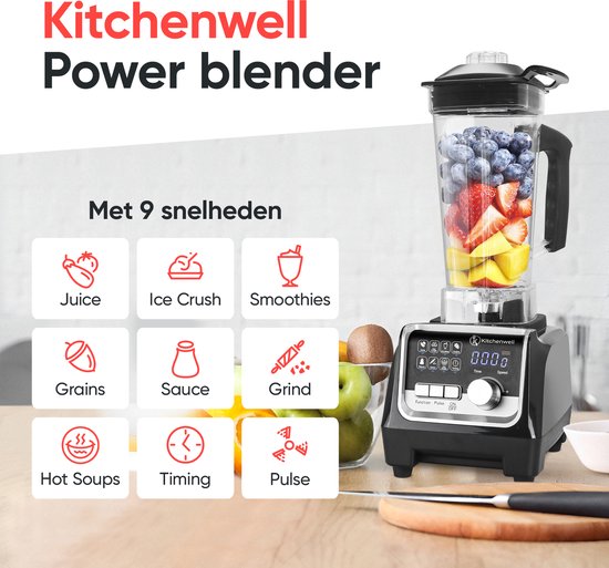 Kitchenwell Power Blender - 2000W - 2L - Smoothie Maker - Ice Crusher - 9 Stands - inox/noir