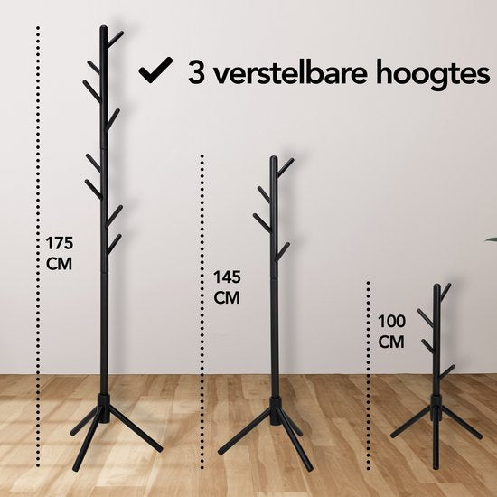 Brixy Porte-manteau - Porte-manteau sur pied - 8 crochets - 175 cm - Porte-manteau en bois - Porte-manteau - Noir
