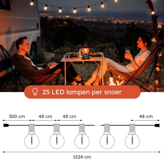 Partizzle Guirlande lumineuse étanche de 15m - Guirlande de 25 LEDs - Guirlande lumineuse de Noël pour l'extérieur, la terrasse et le camping - Lumières de Noël / Lumières de jardin - 2700k / Blanc chaud