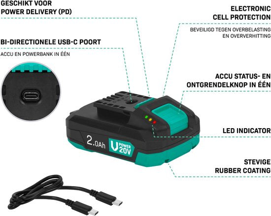 VONROC VPower 20V Battery - 2.0Ah - Duopack : 2 pièces - port USB-C b-directionnel - batterie et power bank en un - compatible avec Power Delivery (PD) - Protégé avec Electronic Cell Protection.