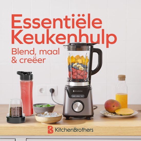 KitchenBrothers Blender avec bouteille - 1200W - 1.5L - Smoothie Maker - Ice Crusher - Gris