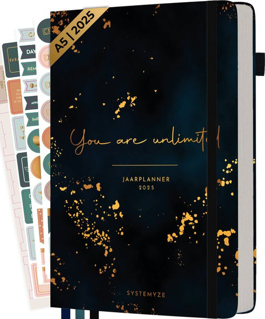 Systemyze Agenda 2025 Adultes - Planificateur - Journal - Organiseur - Feuilles d'autocollants incluses - Format A5 - Bleu