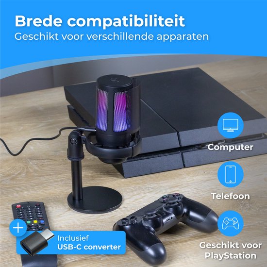 Nuvance - Microphone USB avec support - pour PC et microphone de jeu - avec filtre anti-bruit - Convertisseur USB-C inclus - Microphone de streaming - RGB