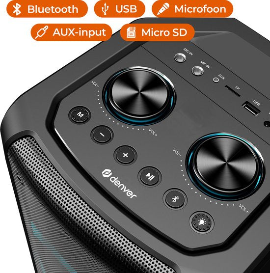 Denver - Haut-parleurs Bluetooth Party Box - Lumières disco - Télécommande incluse - Connexion microphone - BPS354 - Noir