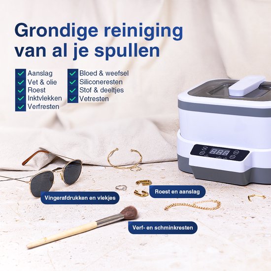Samako Ultrasonic Cleaner PowerWave - Appareil de nettoyage - Bain à ultrasons - Lunettes - Bijoux - Montres - Brosse à maquillage - 1200 ml