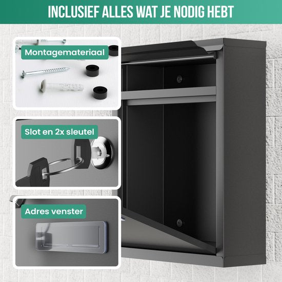 Boîte aux lettres Avalo en acier inoxydable noir - Boîte aux lettres murale - avec matériel de montage et 2 clés