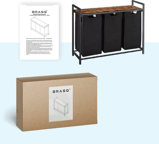 BRASQ Panier à linge 3 compartiments - Trieur de linge 114 litres - Extensible avec étagère 92,5x33x71 cm - Boite à linge Métal noir - Bois brun - Panier