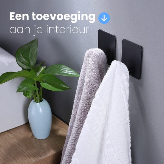 Crochets à serviettes auto-adhésifs - 1 pièce - Noir mat - Porte-serviettes de salle de bain - Porte-serviettes - Crochets muraux - Crochets de porte - Système d'accrochage pour peinture - Crochet à manteau - Ventouse avec crochet