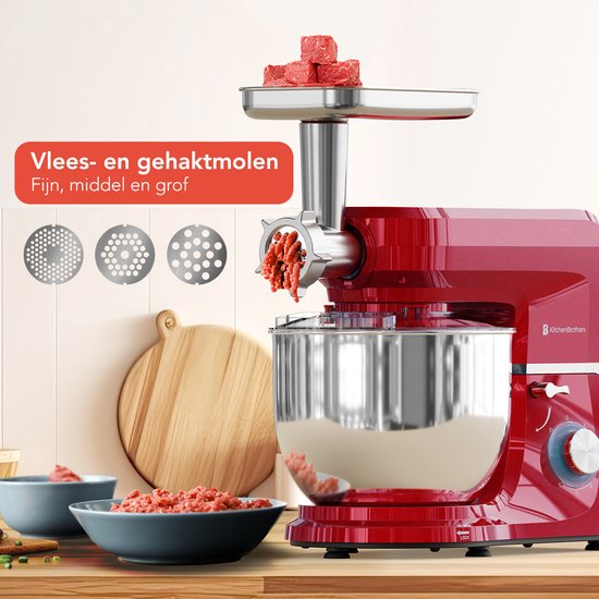 KitchenBrothers Robot de cuisine 6-en-1 - 1500W - Avec hachoir, blender et 15 accessoires - Bol en acier inoxydable de 6,2L - Rouge