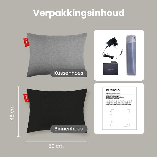 Auronic Heat Pillow - Classic - 45x60 - Sans fil - Rechargeable - Oreiller électrique - Infrarouge - Gris