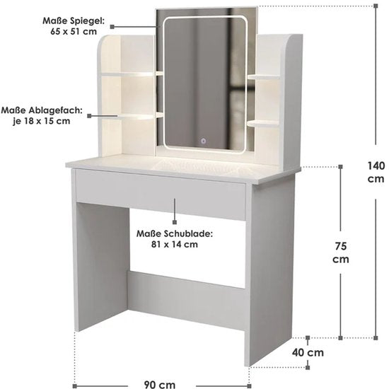 Coiffeuse Zoey - Miroir LED inclus - Blanc