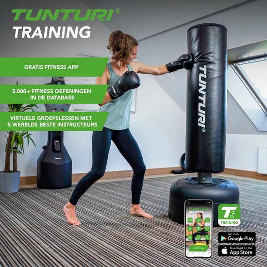 Tunturi Standing Boxing Bag - Bâton de boxe autoportant - Facilement déplaçable - Hauteur 180 cm - Avec base remplissable en sable, gravier ou eau - Noir - Avec application fitness gratuite