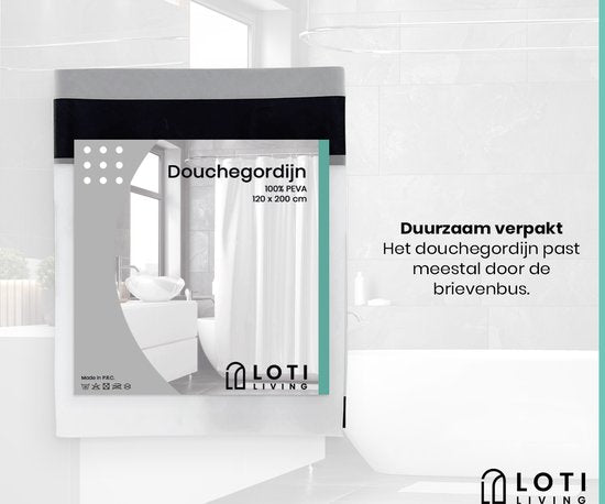 Loti Living Rideau de douche anti-moisissure - Noir transparent mat - Anneaux inclus - Imperméable - PEVA - Rideau de douche 120x200 cm