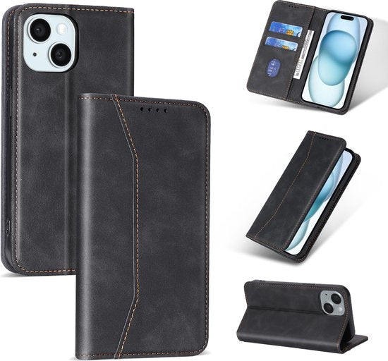 Podec Case with Card Holder Suitable for iPhone 15 Black Phone Case - Anti-Shock Bookcase Cover with 1x Screen Protector - Wallet Case