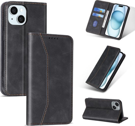 Podec Case with Card Holder Suitable for iPhone 15 Black Phone Case - Anti-Shock Bookcase Cover with 1x Screen Protector - Wallet Case