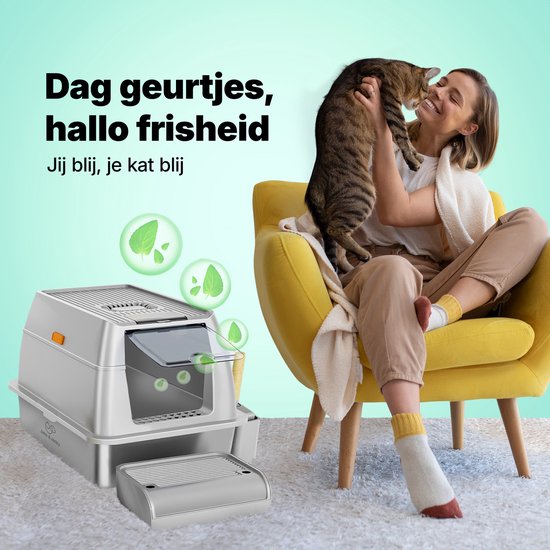 Bac à litière en acier inoxydable Jake and Jacky - Toilette pour chat en acier inoxydable - avec pelle à litière et support et marche de ramassage des gravillons - bac à litière ouvert 2 en 1 avec couvercle amovible - 60x40x38cm