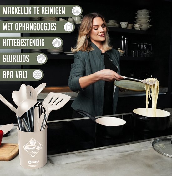 COOCK Batterie de cuisine en silicone avec support XL - Batterie de cuisine 26 pièces - Sans BPA ni plastique - Susceptible d'être suspendue - Ouvre-boîte inclus - Beige