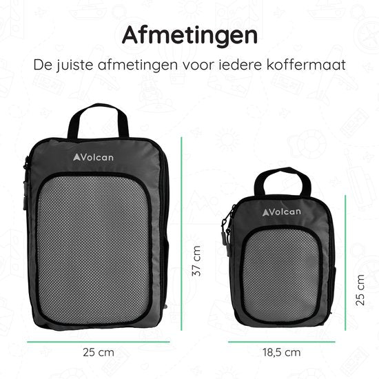 Cubes de compression Volcan - Organiseur de valise - Lot de 4 - Avec fermetures éclair de compression - Pour sac à dos et valise - Noir