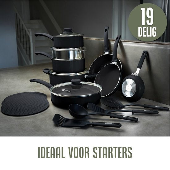 COOCK Batterie de cuisine à induction 19 pièces - Revêtement spécial antiadhésif - Poignées ergonomiques à froid - Aluminium recyclé - Ensemble de poêles à frire - Ensemble de casseroles - Noir - Sous-verres et livre électronique inclus