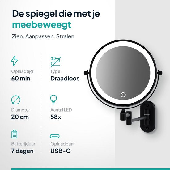 Mirlux Miroir de maquillage avec éclairage Led - rechargeable - grossissement 5X - miroir grossissant avec lumière - miroir de rasage - miroir de salle de bain - noir