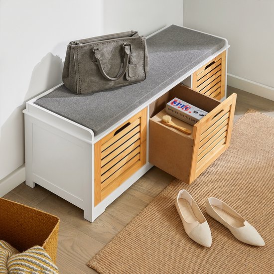 SoBuy Banc à chaussures avec coussin d'assise pour entrée ou salon, 3 paniers amovibles, 105x43x35 cm, FSR23-WN