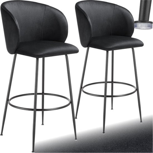 tectake® - Lot de 2 tabourets de bar Luana - Tabouret de bar rembourré avec dossier - Tabouret de bar avec repose-pieds - Chaise de salle à manger avec revêtement en velours - Pieds en acier robuste avec protection antidérapante du sol - Noir/noir