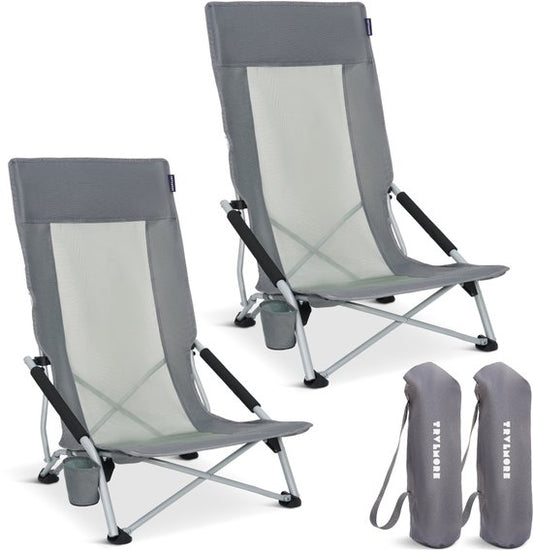 TRVLMORE Chaises de plage - Lot de 2 - Pliables et démontables - Capacité de charge de 130KG - Légères - Avec sac de transport et porte-gobelet - Dossier haut - Gris