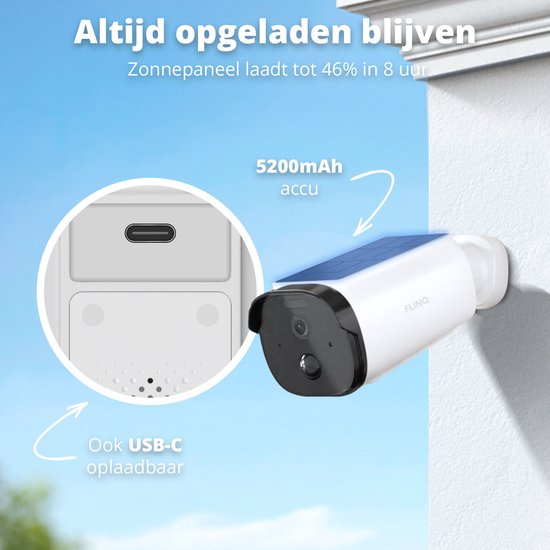 FlinQ Smart Security Camera Sentinel - USB & Solar Rechargeable - Caméra extérieure avec panneau solaire - Caméra de sécurité extérieure - 2K HD - Vision nocturne