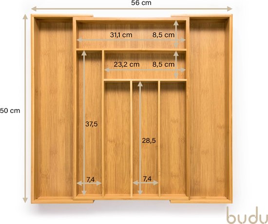 Budu Range-couverts extensible en bambou #50 (50 cm de profondeur) - Cassette à couverts en bois - Tiroir à couverts - 50 x 34.1 - 56 cm - 6/8 compartiments