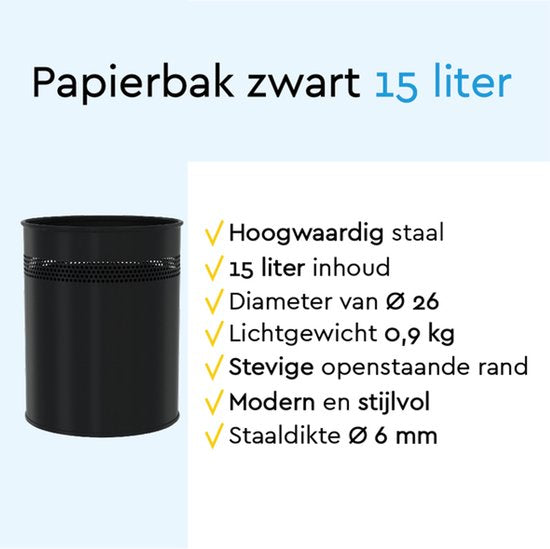 BRASQ Trashcan Metal Office/Home Use - Poubelle - Corbeille à papier - Rond - Poubelles - Noir 15 litres
