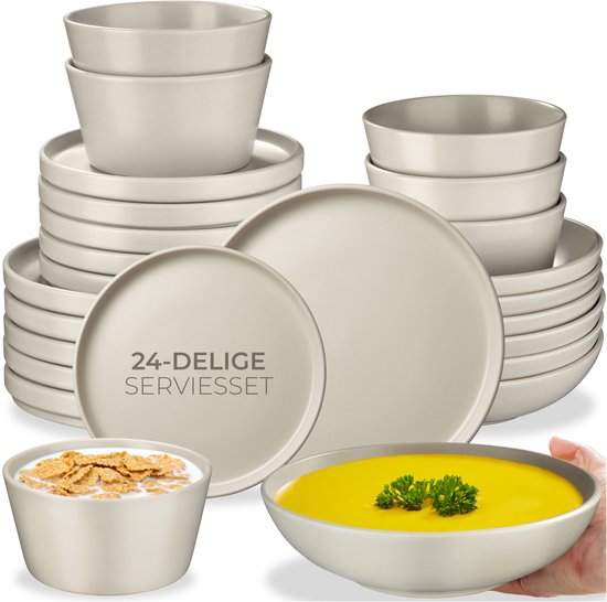 tectake® Service de vaisselle Una - 24 pièces - Faïence - 6 personnes - Service de vaisselle élégant et durable - Ensemble d'assiettes avec grandes et petites assiettes, bols, coupes - Taupe