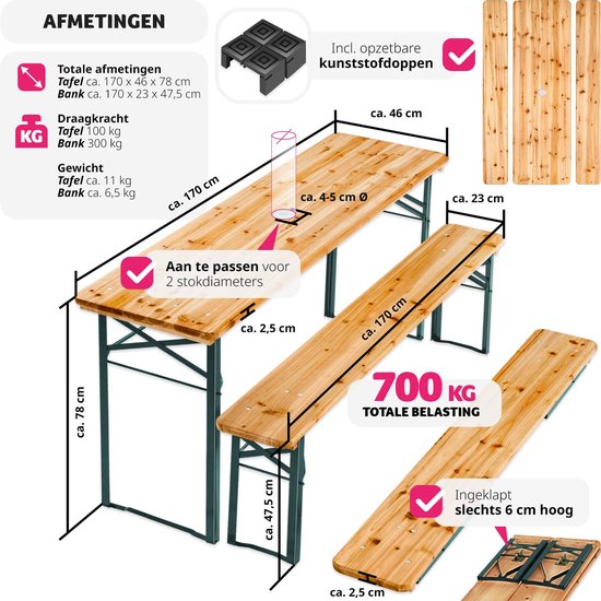 tectake® Ensemble de tentes à bière avec table et 2x bancs à bière, avec porte-parasol - ensemble de tentes à bière, meubles de balcon avec 1x table pliante et 2x bancs à bière, pliant, 170 x 46 x 78 cm, laqué