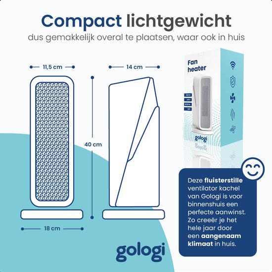 Gologi Ventilateur avec thermostat - Poêle électrique - Chauffage - Chauffage - Avec app et Touch Control - 1500W