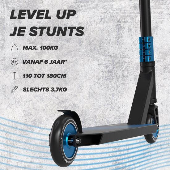 LifeGoods Stuntstep Pro X - T-Bar - HIC - Marchepied pour enfants - Garçons/Filles - 110mm - 100KG - Noir/Bleu
