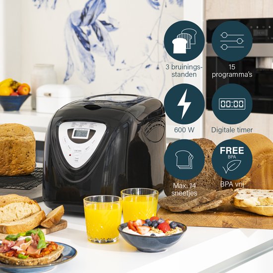 Princess Breadmaker 152009 - Minuteur - Affichage digital - 15 programmes de cuisson - Programme sans gluten - 900 Gr - 600 Watt - Noir/Argent