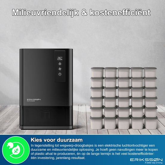 Déshumidificateur Erikssøn Dry Pro Series - Déshumidifie jusqu'à 1,2 litre par jour - Convient à la maison, à la chambre à coucher, à la salle de bain, au salon et au sous-sol - Déshumidificateur - Noir