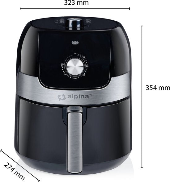 alpina Airfryer 3.5L - Friteuse à air chaud 2 à 3 personnes - Friteuse à air avec température réglable de 80 à 200°C - Four à air chaud Minuteur jusqu'à 60 minutes - 1400W - Noir