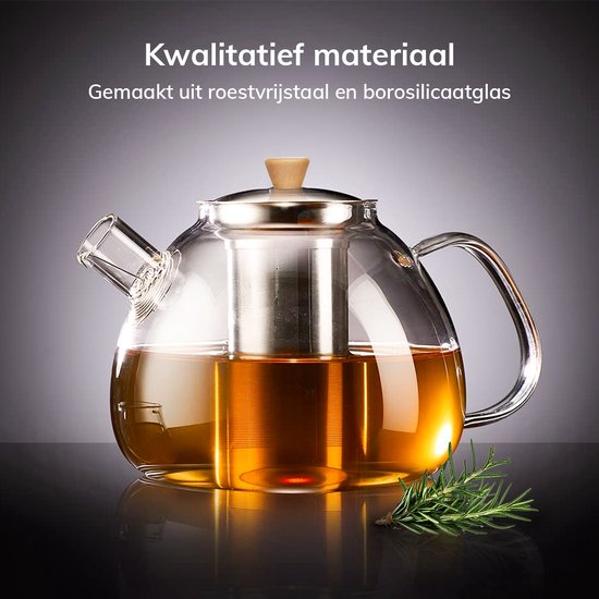 Deleca Théière en verre avec filtre et chauffe-plat - Verre borosilicaté - Tamis en acier inoxydable - Cadeau de Noël - Pour thé en vrac / fleurs de thé - 1.5L