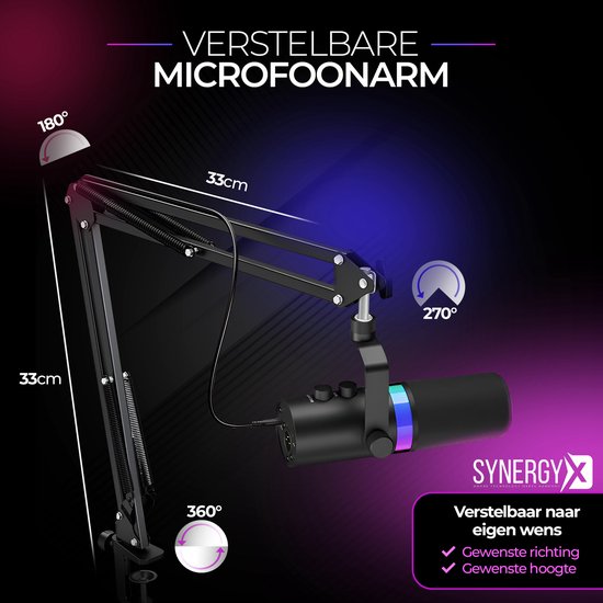 SynergyX SonicFlex Pro ll Microphone - Microphone de jeu USB avec bras XC7 - PC Gaming - Convient pour PC/PS4/PS5 - RGB - Podcast - Gaming - Streaming - Noir